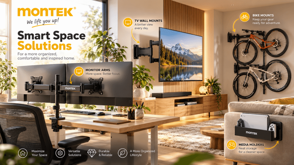 monTEK smart space solutions showcased in a modern home, featuring dual monitor arms, a full-motion TV wall mount, wall-mounted bike racks, and a media holder. Warm interior styling highlights organized living and workspace efficiency.