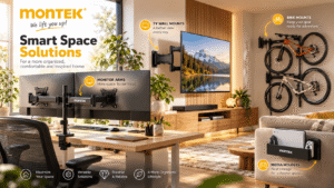 monTEK smart space solutions showcased in a modern home, featuring dual monitor arms, a full-motion TV wall mount, wall-mounted bike racks, and a media holder. Warm interior styling highlights organized living and workspace efficiency.