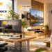 monTEK smart space solutions showcased in a modern home, featuring dual monitor arms, a full-motion TV wall mount, wall-mounted bike racks, and a media holder. Warm interior styling highlights organized living and workspace efficiency.