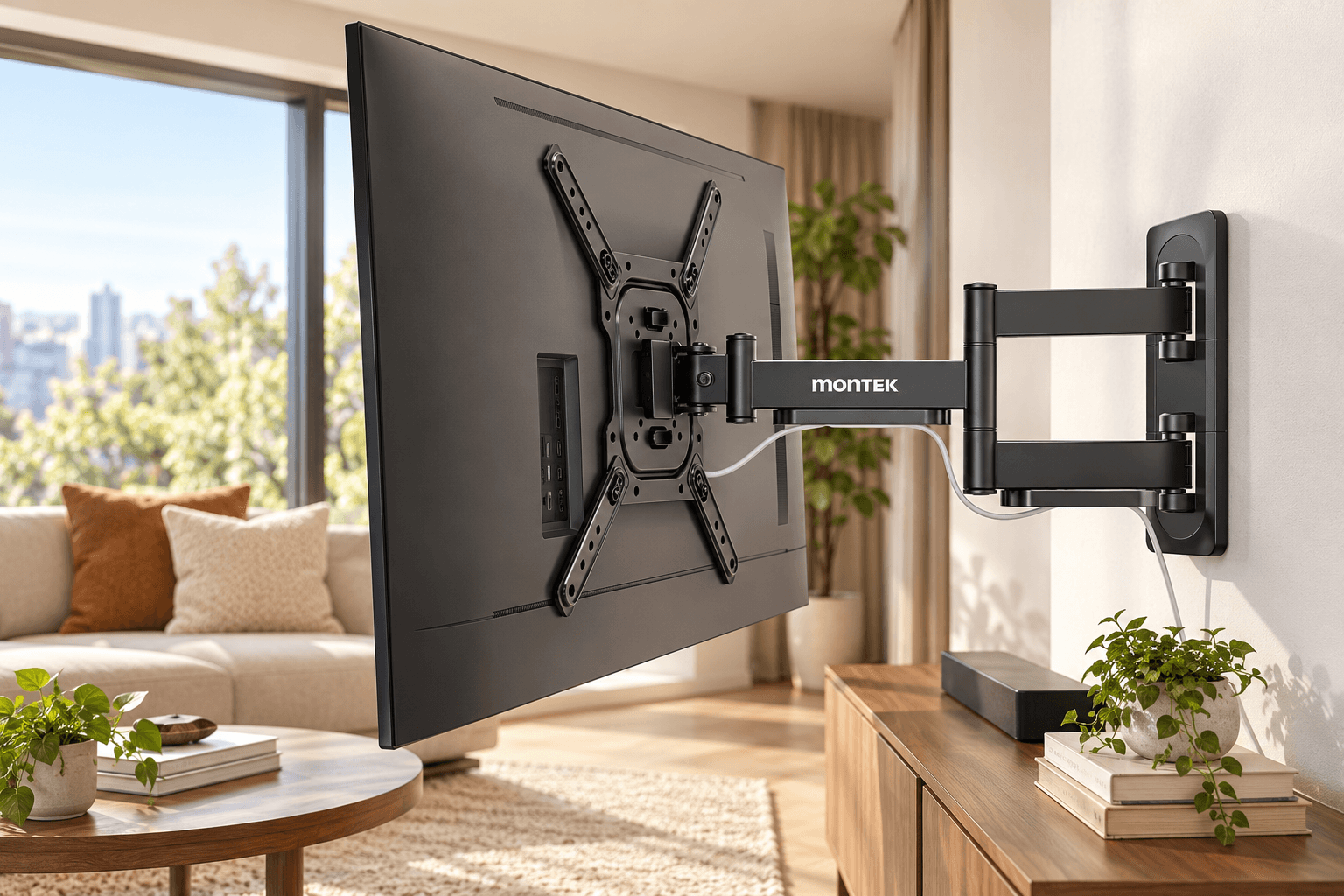 monTEK full-motion TV wall mount installed in a bright modern living room. The black articulating arm, adjustable VESA mounting brackets, and sturdy wall plate support a flat-screen TV while allowing flexible positioning.