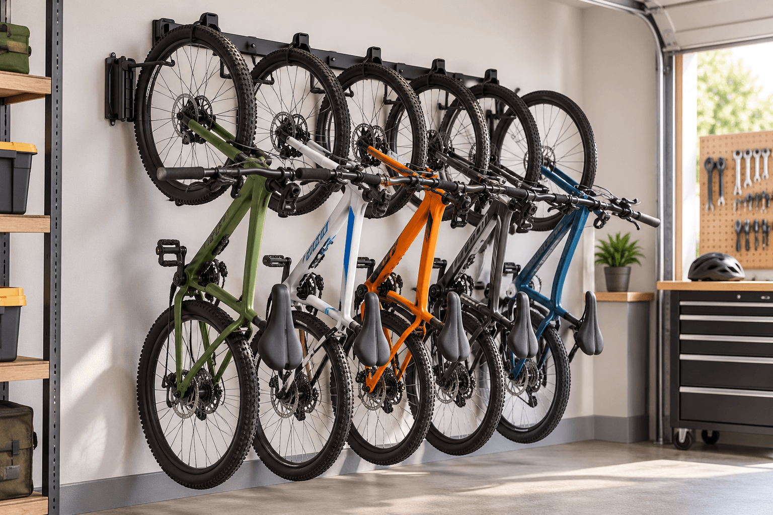 monTEK wall-mounted bike storage system organizing five bicycles vertically in a modern garage. Black metal mounting brackets securely hold the bikes, maximizing floor space and creating a neat, accessible cycling storage area.