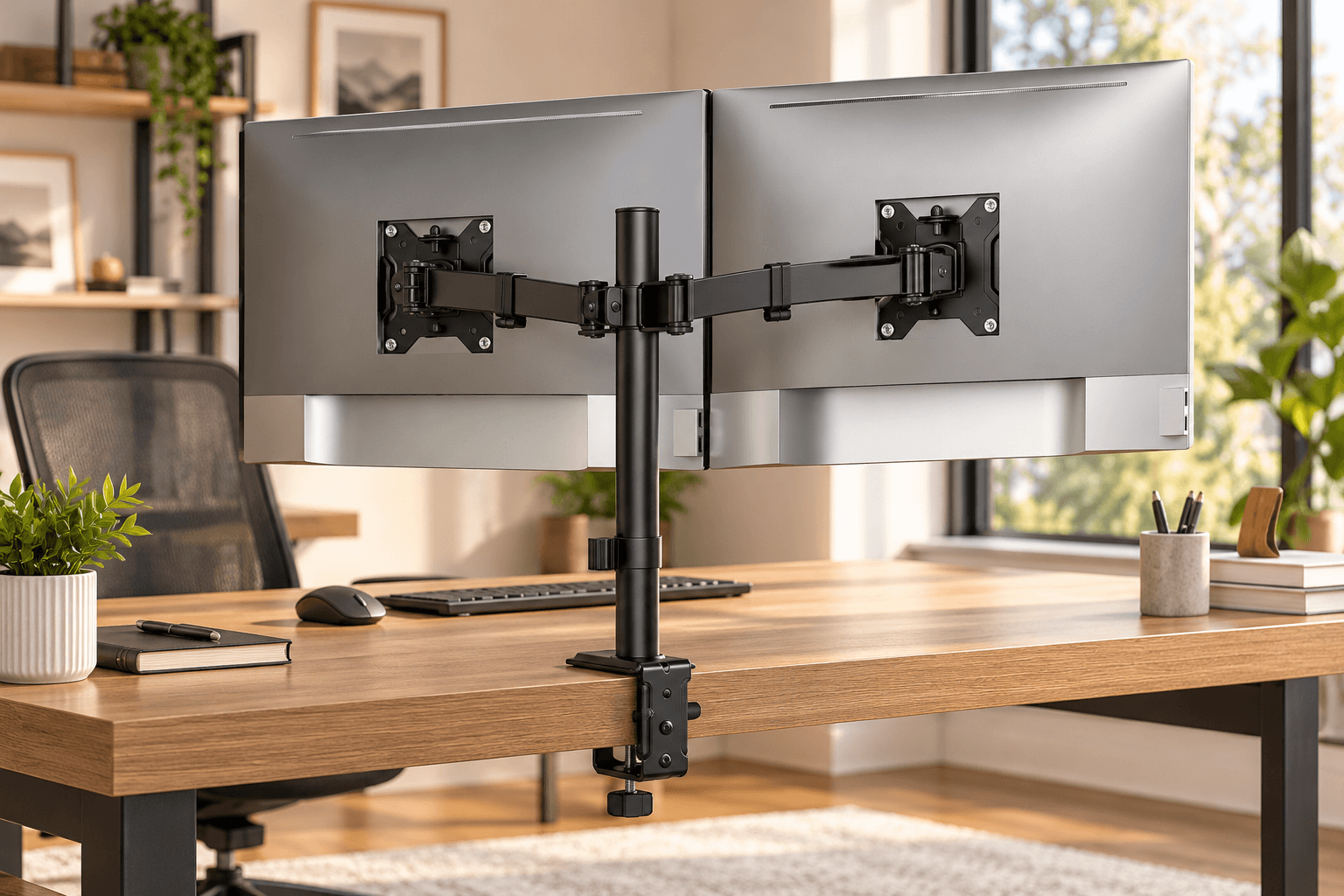 monTEK dual monitor desk mount supporting two large screens in a stylish home office. The black adjustable arms, central support pole, and desk clamp create a flexible, space-saving workstation with a clean wooden desktop.