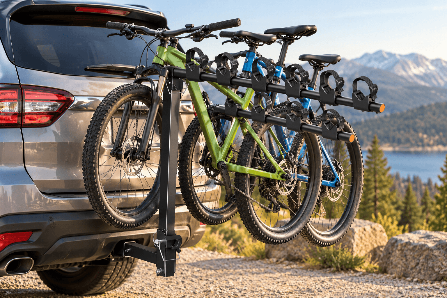monTEK hitch-mounted bike rack attached to the rear of an SUV, carrying multiple mountain bikes during an outdoor adventure. Black metal support bars and securing straps hold the bicycles against a scenic mountain and lake backdrop.