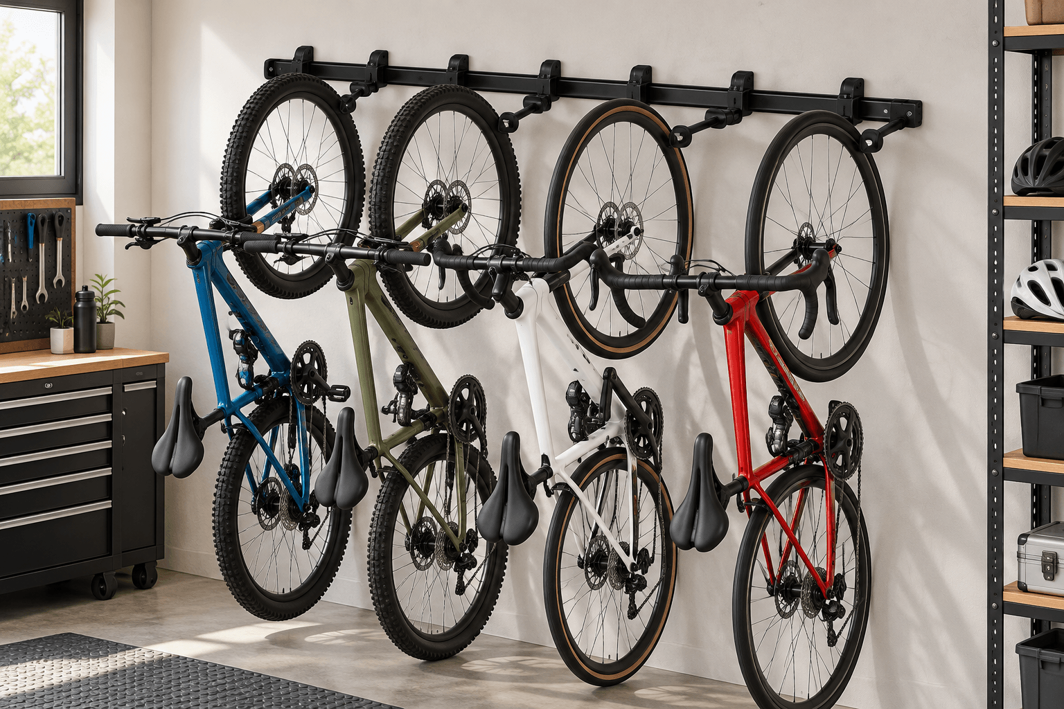 monTEK wall-mounted bike rack displaying four bicycles hanging vertically in an organized garage. The long black metal rail and individual storage hooks keep mountain and road bikes off the floor, creating a practical space-saving storage solution.