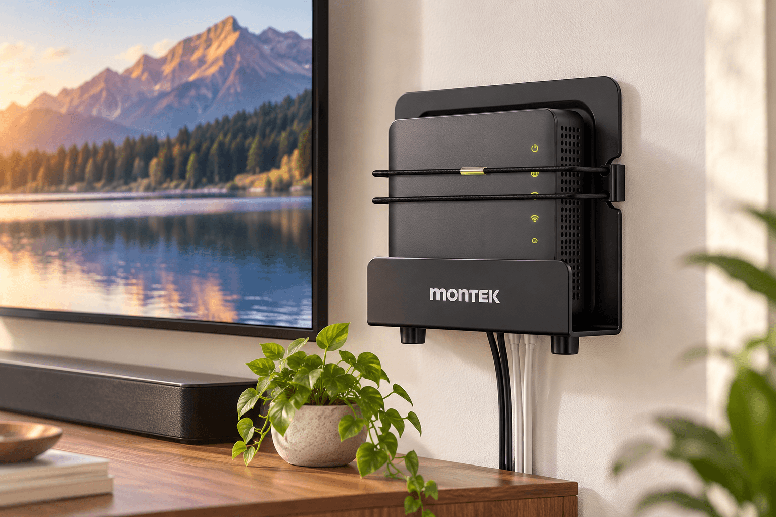 monTEK wall-mounted media device holder securing a router beside a flat-screen TV in a modern living room. The black metal shelf, elastic retaining cords, and compact design help organize electronic devices and reduce tabletop clutter.
