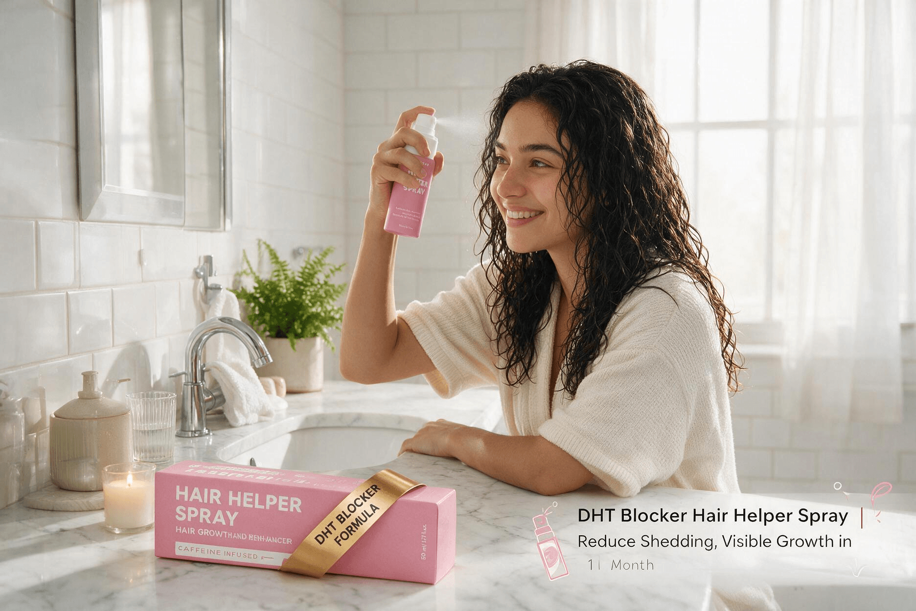 try BELLO Hair Helper Spray DHT Blocker, young woman applying hair growth spray to damp roots after washing hair, real home bathroom usage scene, 1 month visible hair regrowth, Amazon product promo image