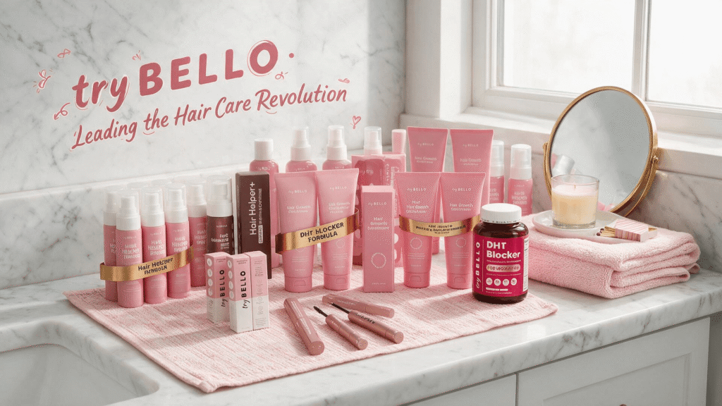 try BELLO full hair care product line, bright cozy everyday bathroom scene, official Amazon store promotional blog banner, pink hair & beauty products, clean natural lifestyle aesthetic