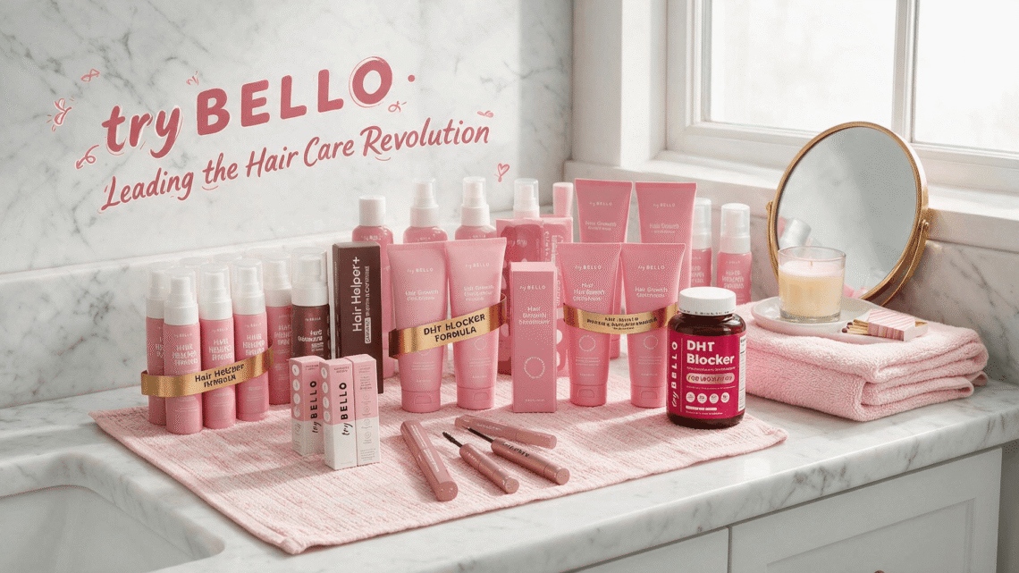 try BELLO full hair care product line, bright cozy everyday bathroom scene, official Amazon store promotional blog banner, pink hair & beauty products, clean natural lifestyle aesthetic
