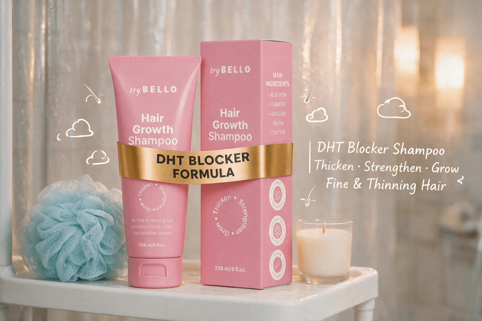 try BELLO DHT Blocker Hair Growth Shampoo, shower bathroom usage scene, pink tube and packaging, thicken strengthen fine thinning hair, sulfate free vegan formula, Amazon product promo image