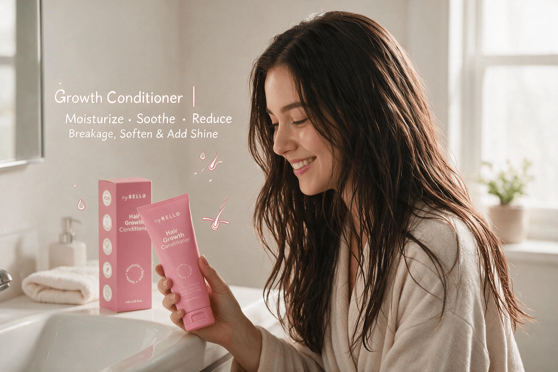 try BELLO Hair Growth Conditioner, girl conditioning soft damp hair after shower, real bathroom counter scene, pink tube, moisturize soothe reduce breakage, add shine to fine hair, Amazon product promo image