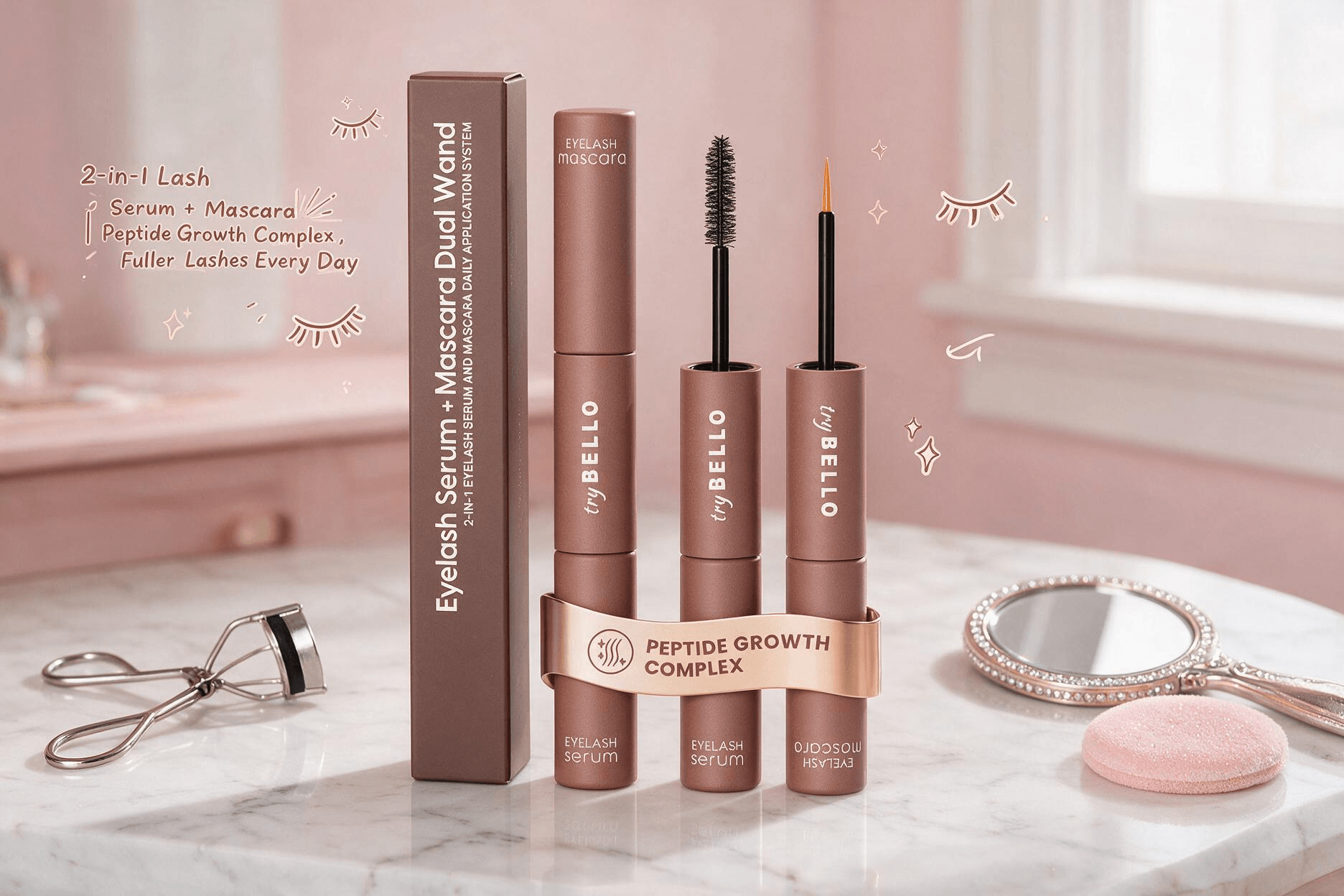 try BELLO 2-in-1 Eyelash Serum + Mascara Dual Wand, makeup vanity daily lash routine scene, matte brown tube, peptide growth complex, fuller longer natural lashes, Amazon beauty product promo image