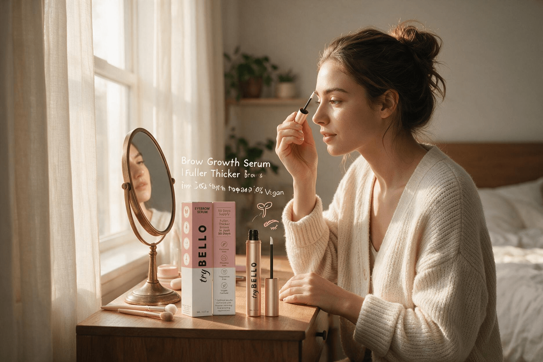 try BELLO Eyebrow Growth Serum, girl applying brow serum in front of vanity mirror, soft pink and rose gold packaging, fuller thicker brows in 30 days, hormone free vegan formula, Amazon beauty product promo image