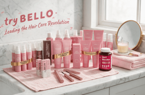 try BELLO full hair care product line, bright cozy everyday bathroom scene, official Amazon store promotional blog banner, pink hair & beauty products, clean natural lifestyle aesthetic