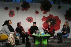 L to R: Constance Okollet, Ulamila Kurai Wragg, Rehana bibi Khilji, Lorena Aguilar Revelo, Mary Robinson, and the moderator, Danish journalist Lene Johansen. Photo by Emily Gertz.