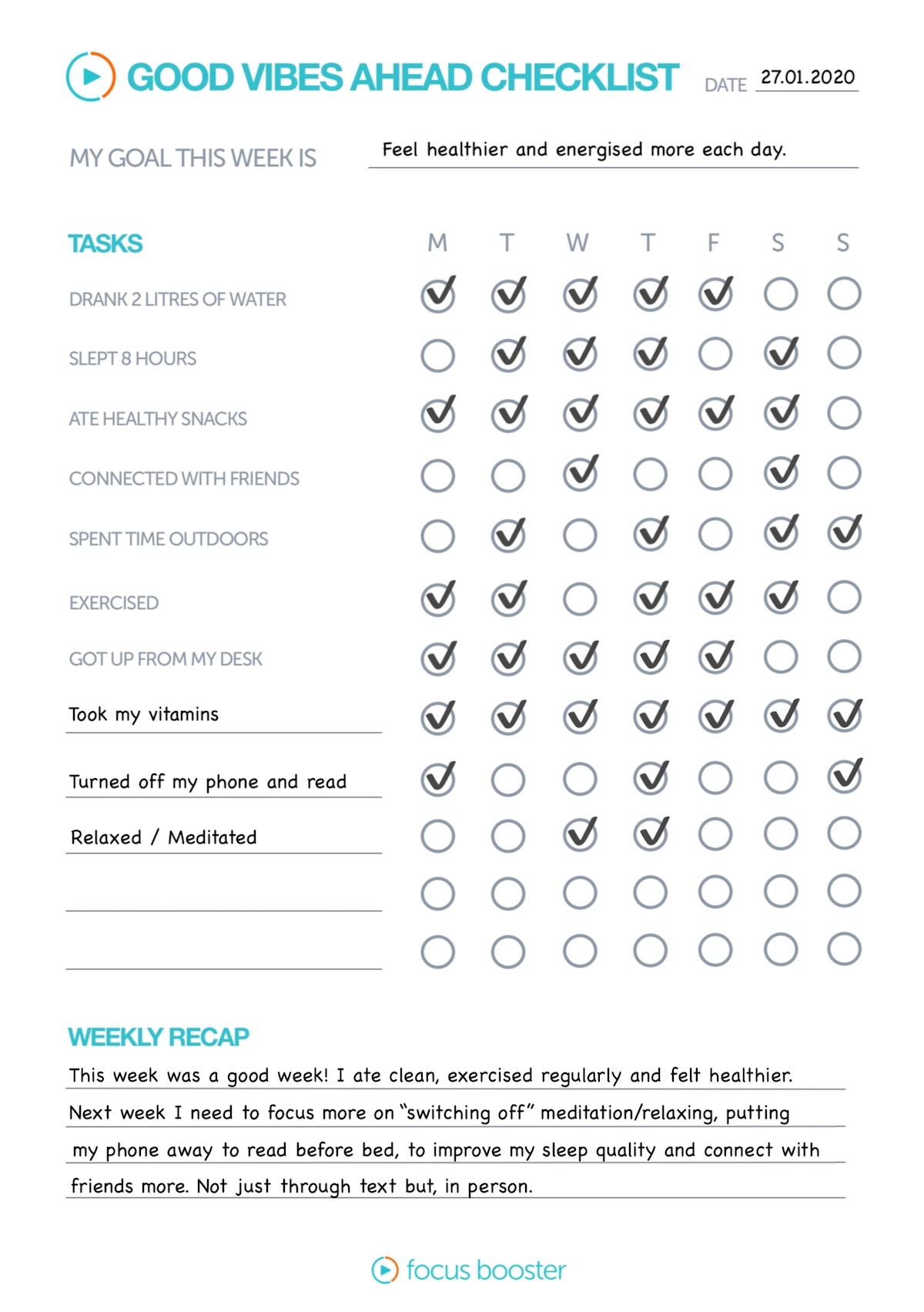 Good vibes ahead weekly goal checklist