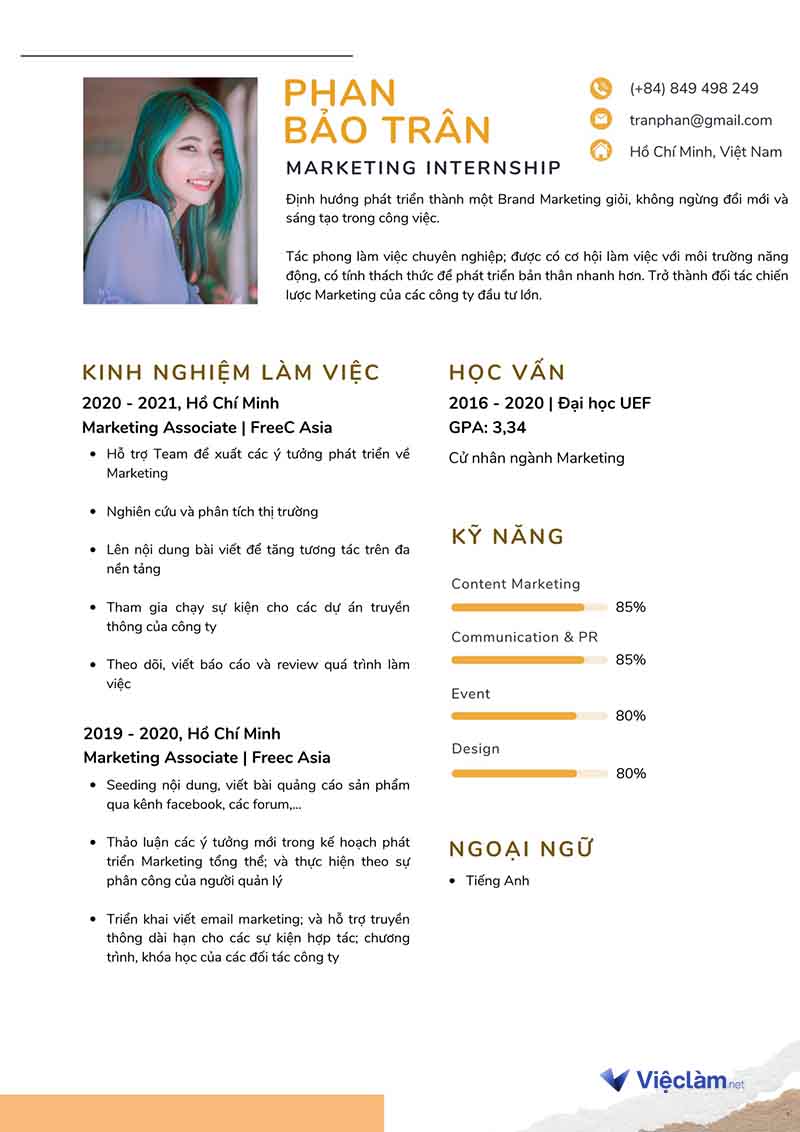 CV xin thực tập ngành marketing
