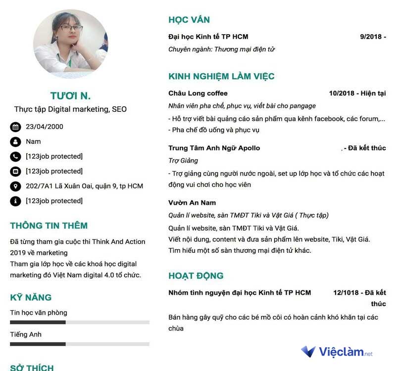 Mẫu CV xin thực tập ngành marketing
