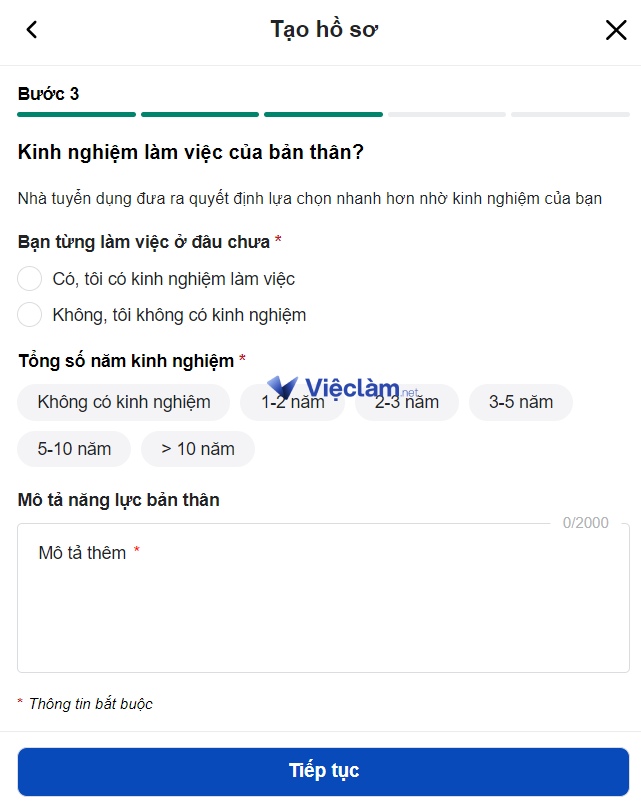 Các bước tạo hồ sơ xin việc làm tại vieclam.net