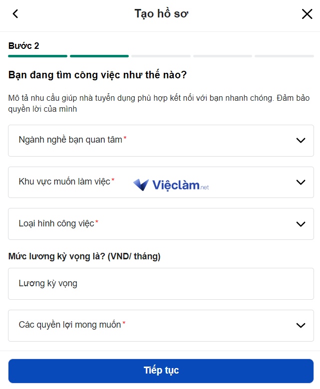 Các bước tạo hồ sơ xin việc làm tại vieclam.net