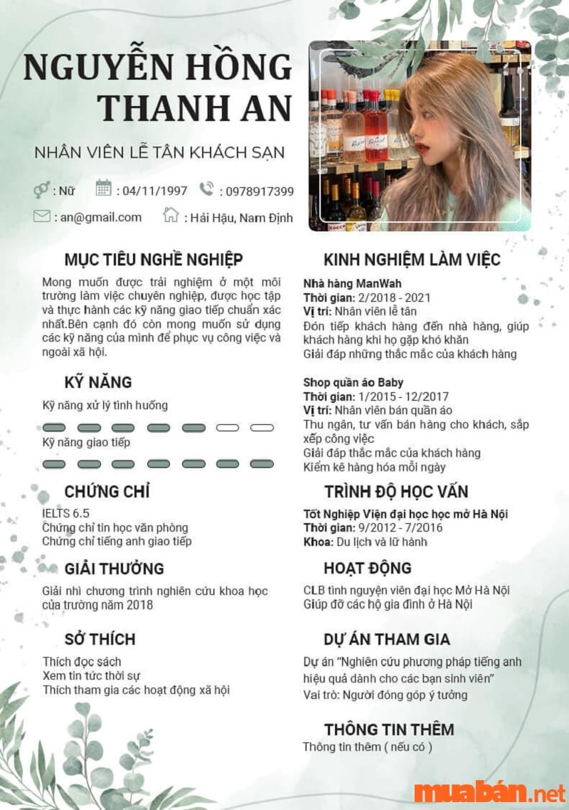 CV ngành khách sạn dành cho bộ phận lễ tân độc đáo (Nguồn: Internet)