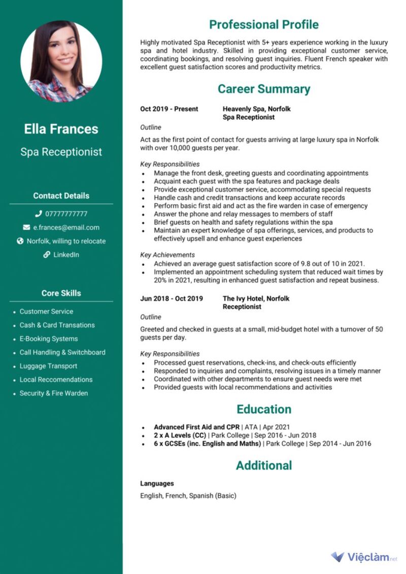 CV xin việc làm spa bằng tiếng Anh