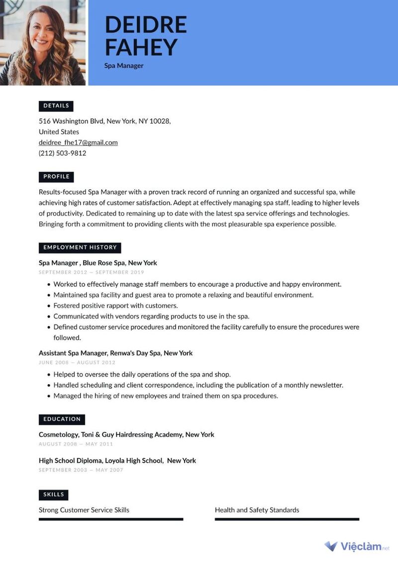 CV xin việc làm spa bằng tiếng Anh