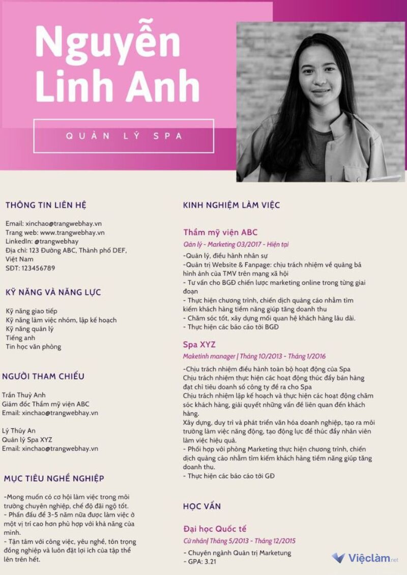 Mẫu CV xin việc Spa bằng tiếng Việt