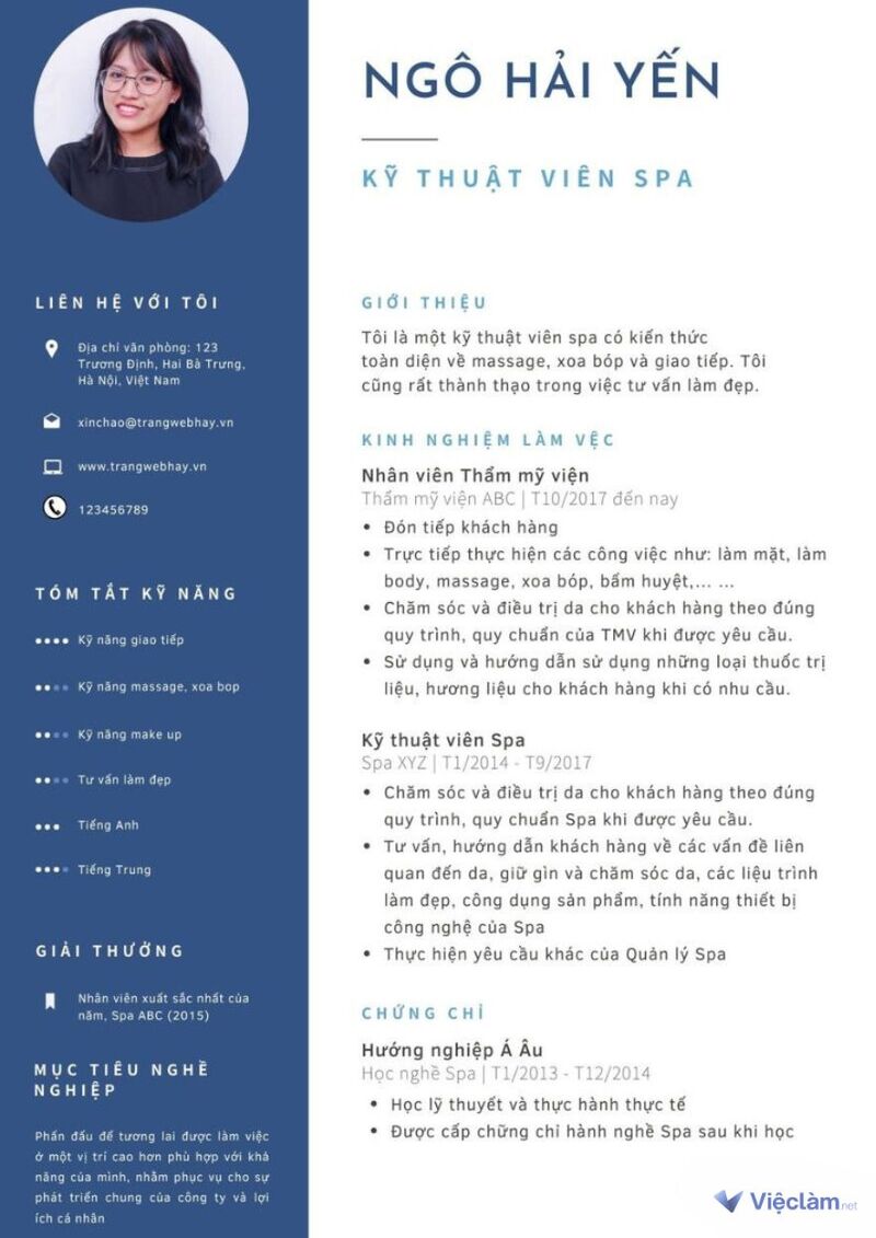 Mẫu CV xin việc Spa bằng tiếng Việt vị trí Kỹ thuật viên