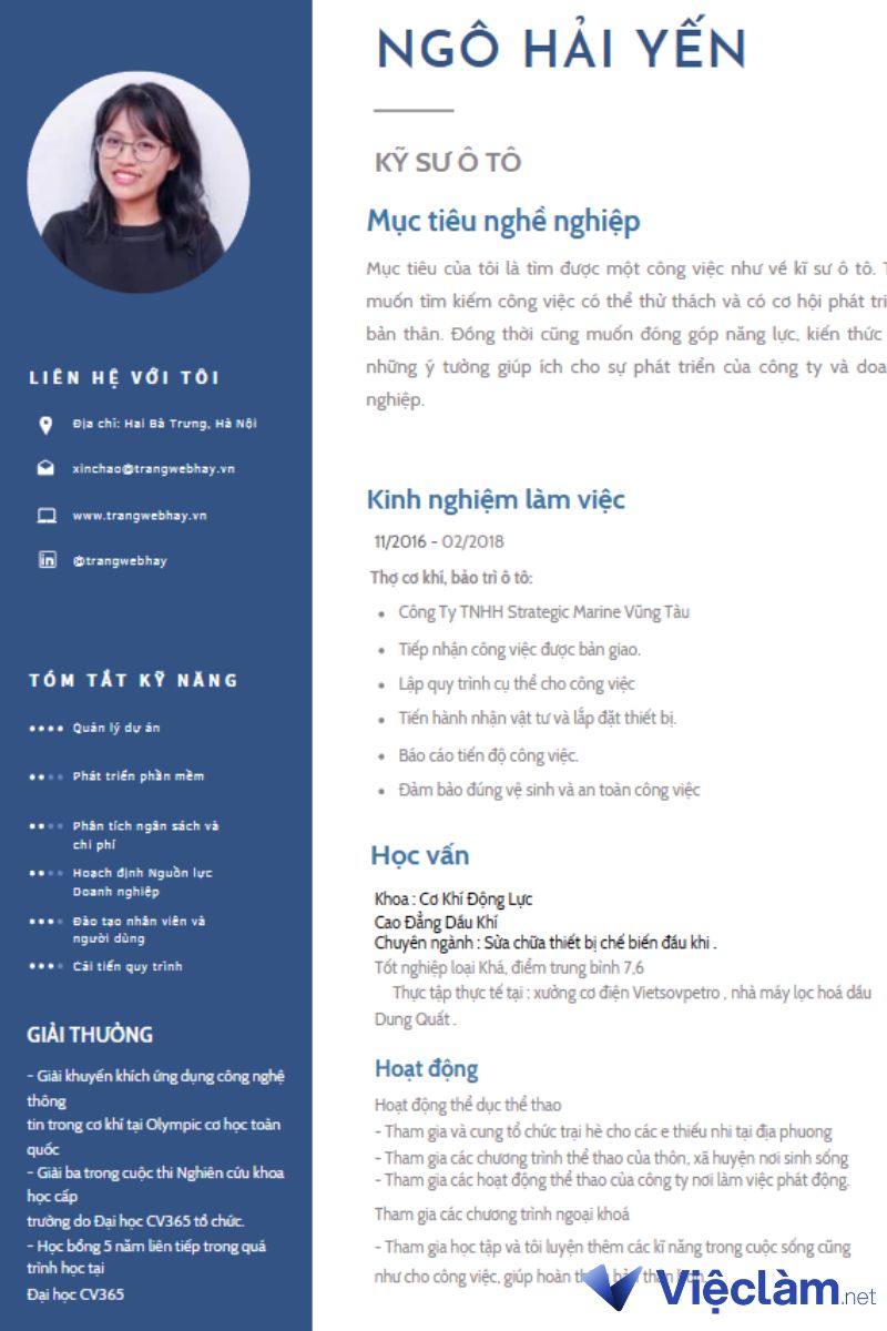 Mẫu CV vị trí kỹ sư ô tô chuyên nghiệp