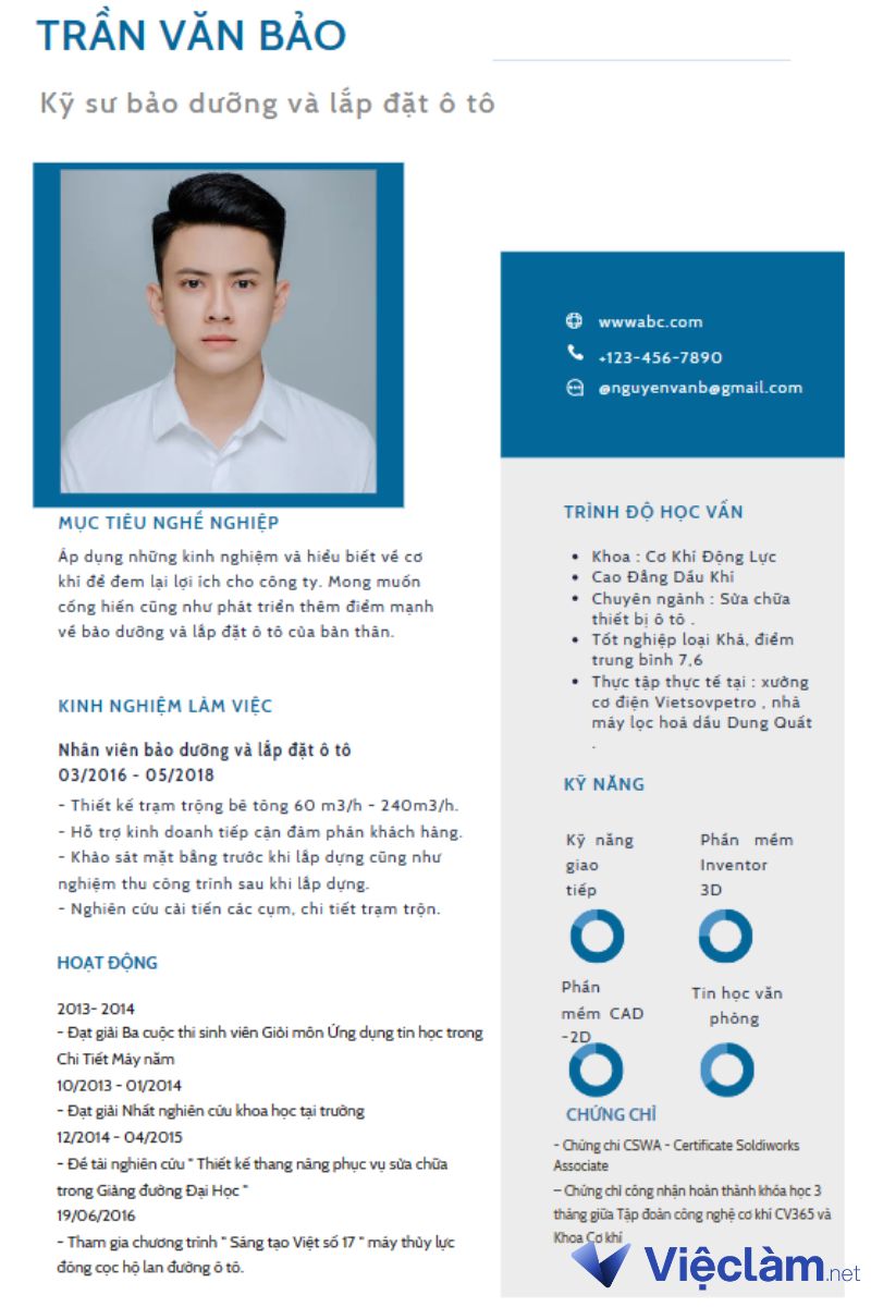 Mẫu CV vị trí bảo dưỡng và lắp đặt ô tô