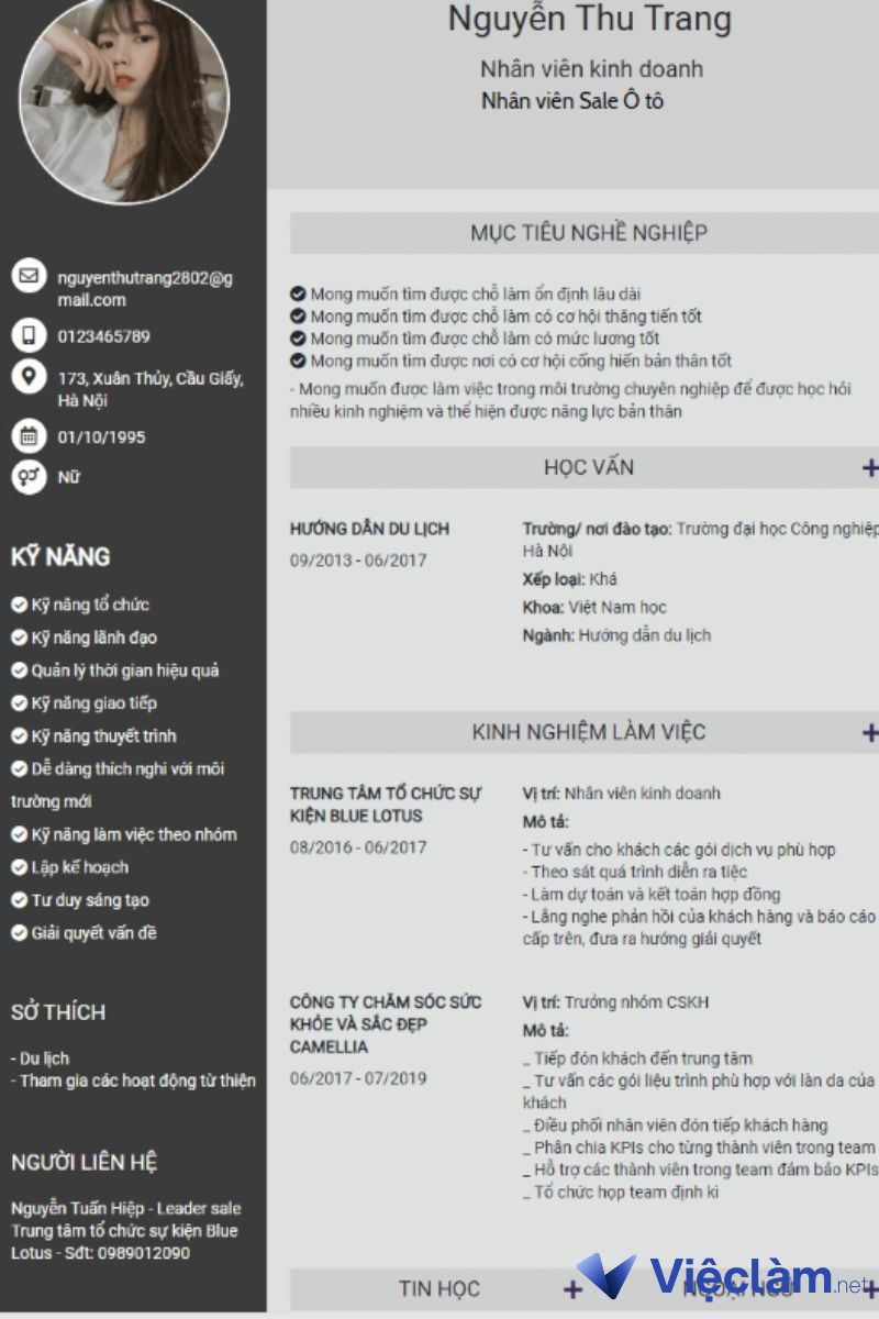Mẫu CV vị trí kinh doanh