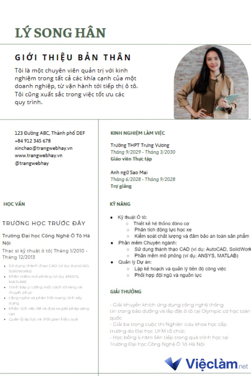 Mẫu CV vị trí quản trị ngành ô tô