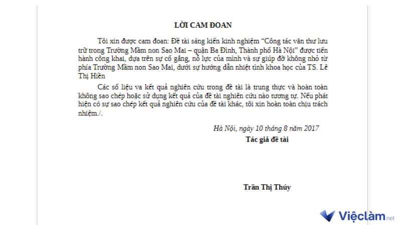 Lời cam đoan báo cáo thực tập 