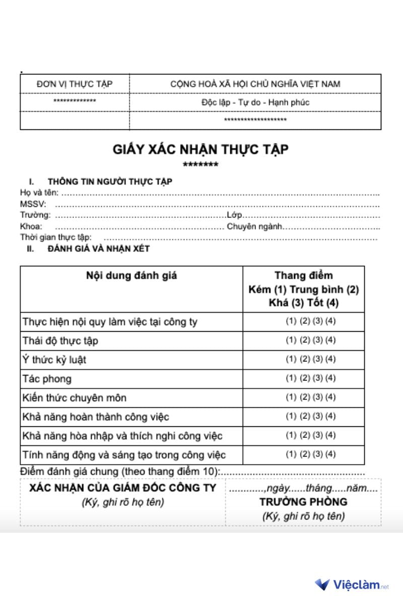 Mẫu giấy xác nhận thực tập kèm bảng đánh giá