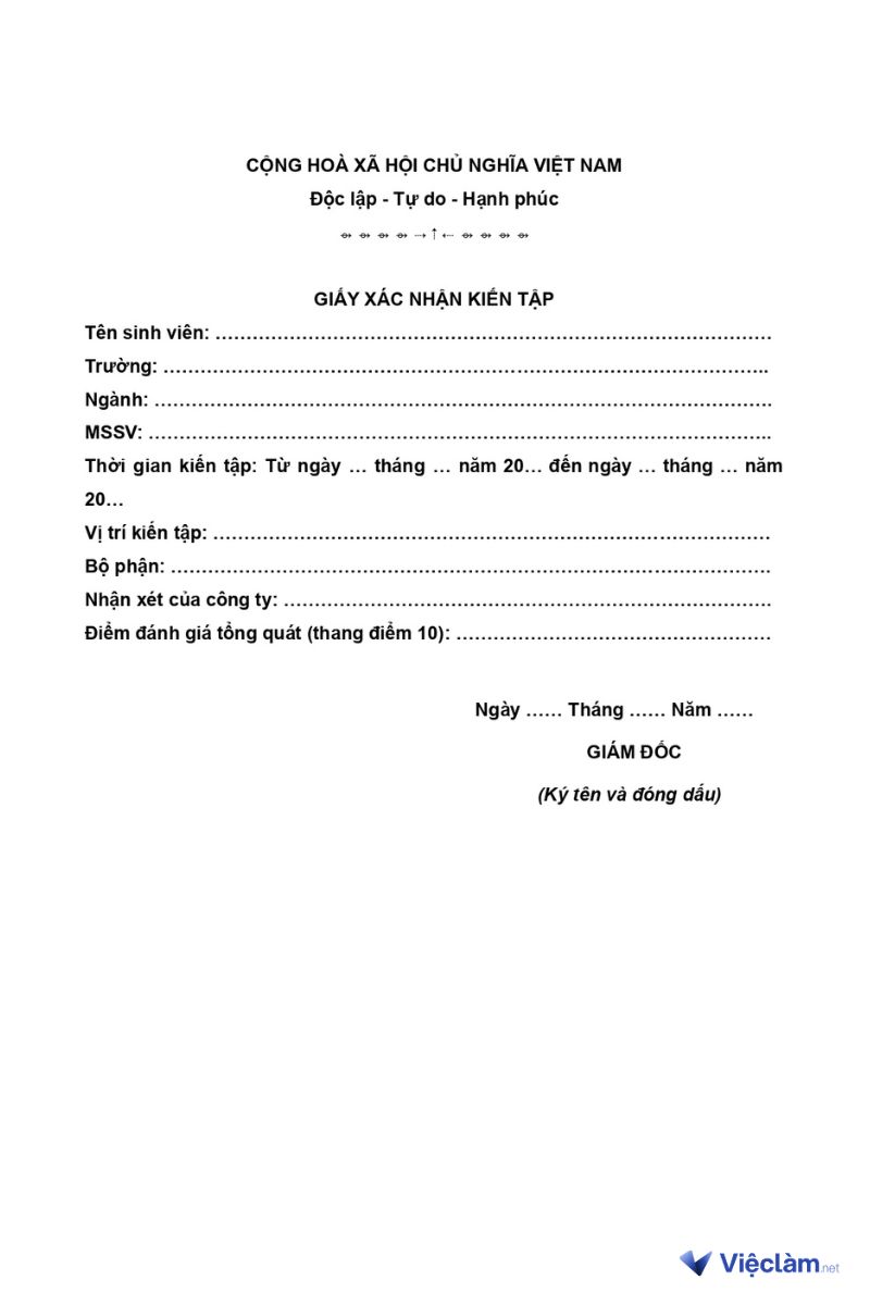 Mẫu giấy xác nhận kiến tập