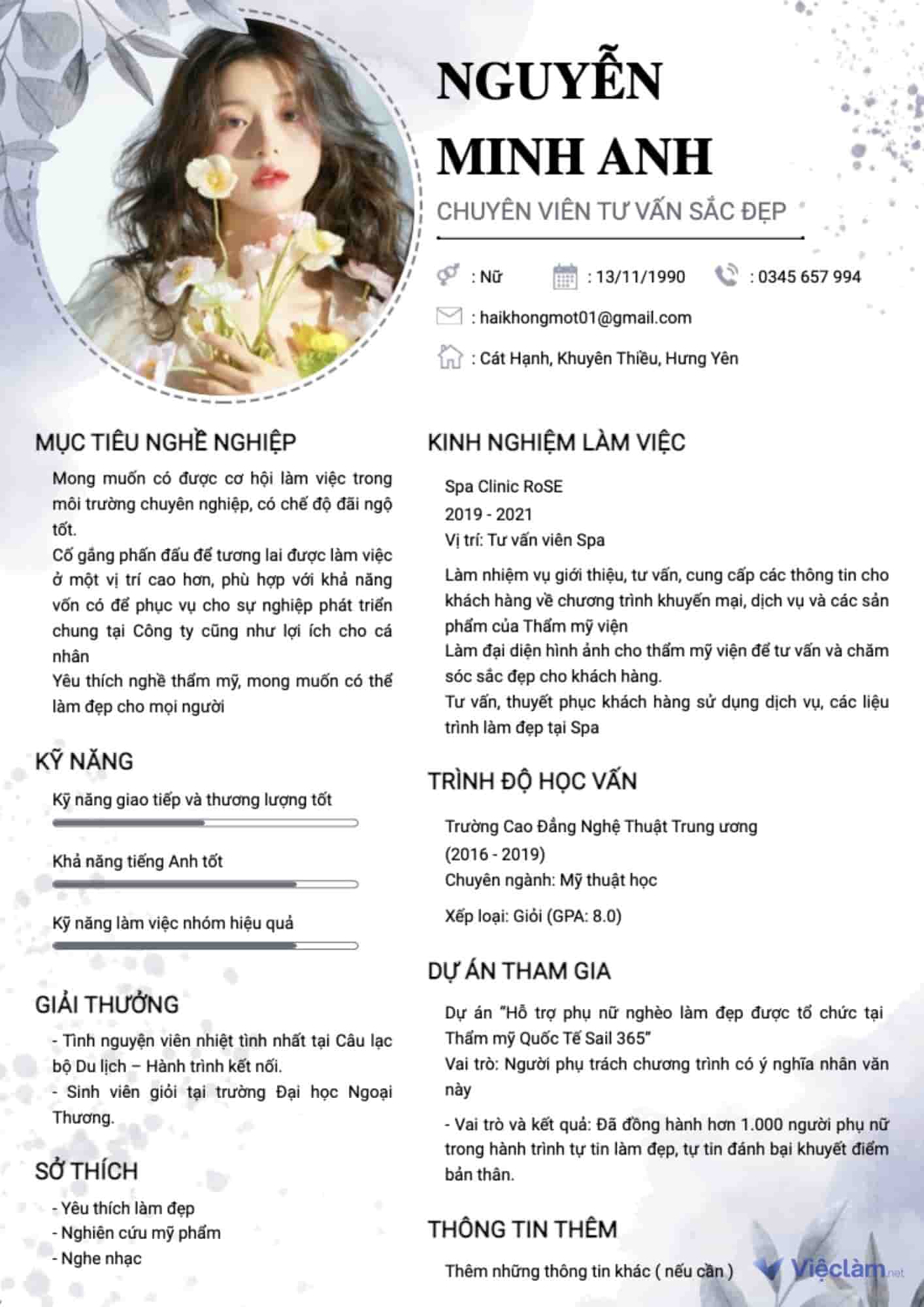CV xin việc làm Spa