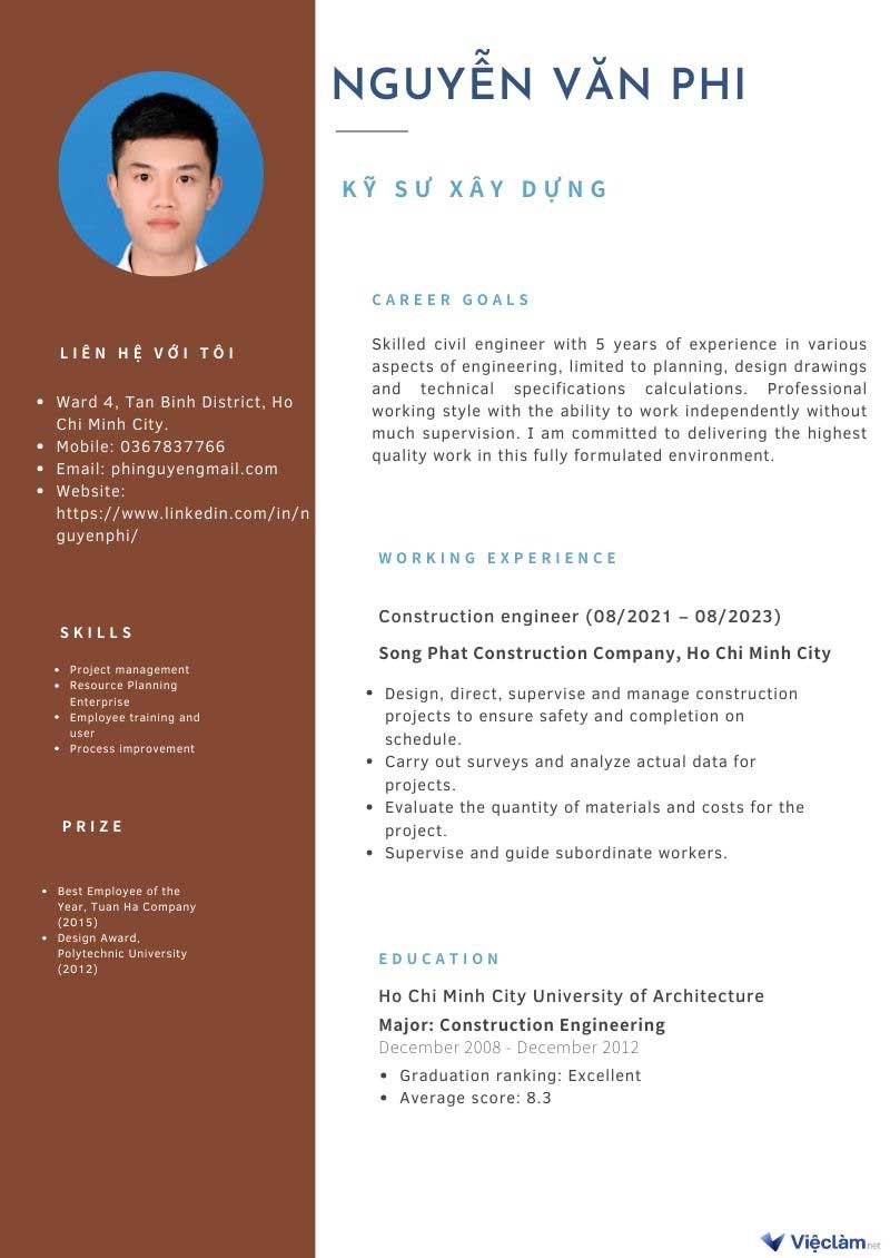 CV xin việc xây dựng tiếng Anh cho nam