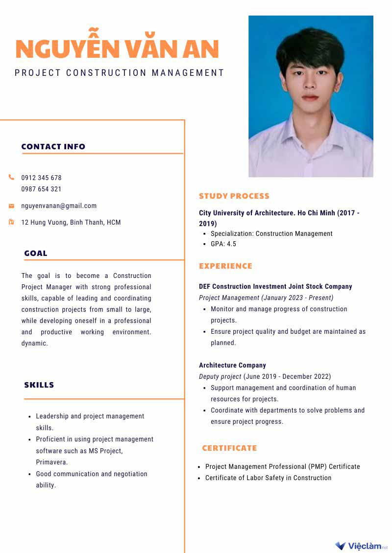 CV quản lý dự án bằng tiếng Anh