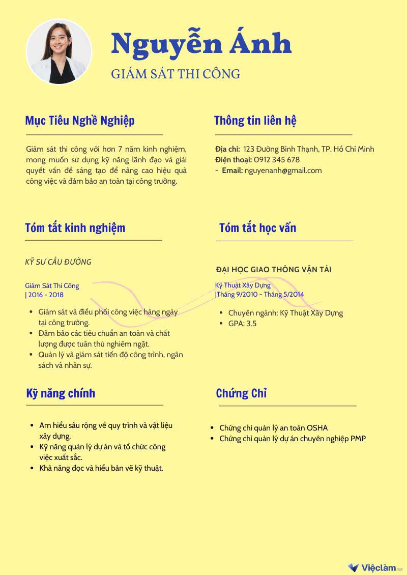 CV xin việc giám sát thi công đẹp mắt