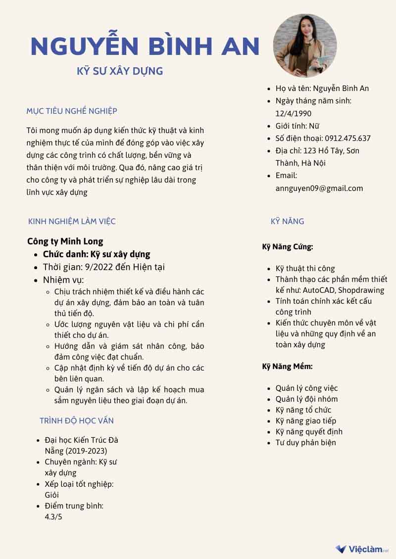 CV xin việc xây dựng dành cho nữ