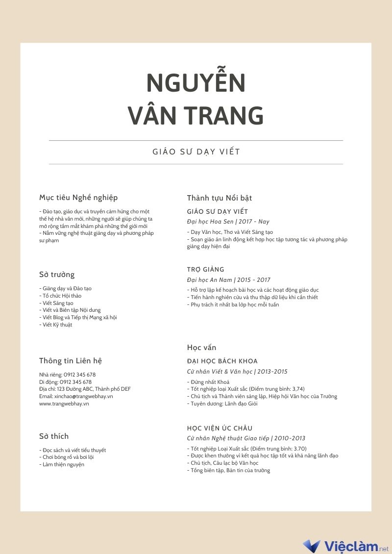 2. CV gia sư cho người có kinh nghiệm