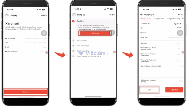 Nhập thông tin, đăng ký, gửi hồ sơ và lưu lại thông tin