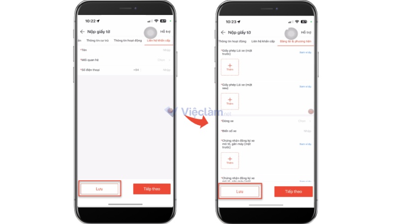 Nhập liên hệ khẩn cấp và bằng lái