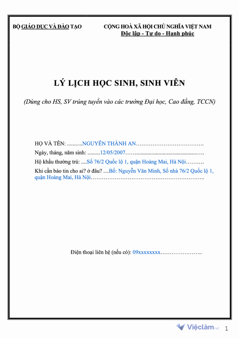 Bìa ngoài sơ yếu lý lịch học sinh sinh viên