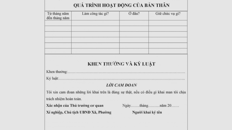 Phần quá trình bản thân trong sơ yếu lý lịch