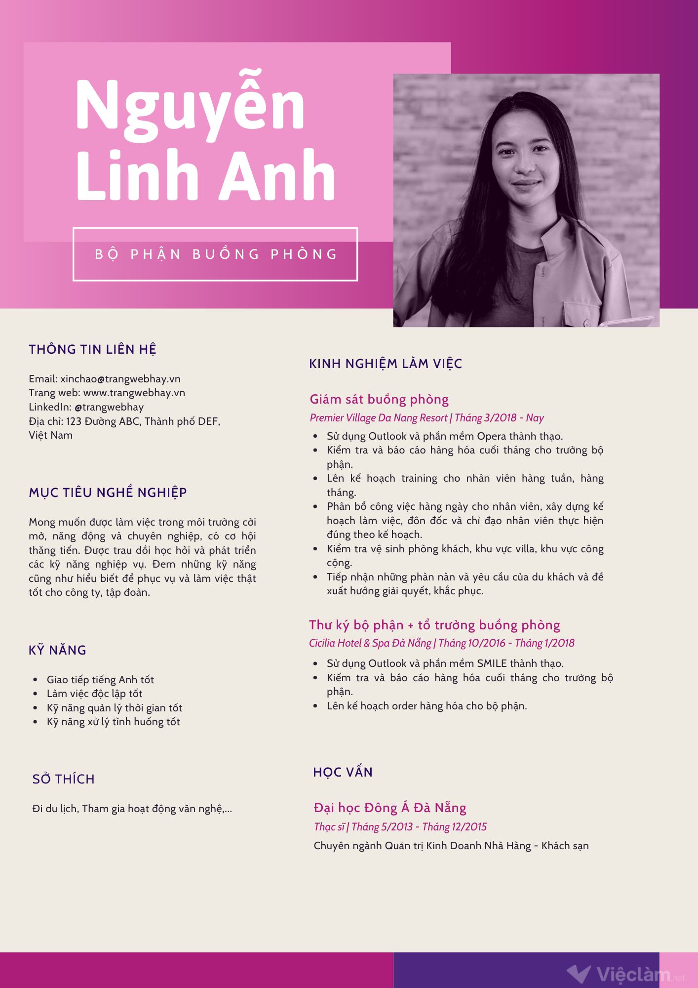 CV xin việc buồng phòng khách sạn