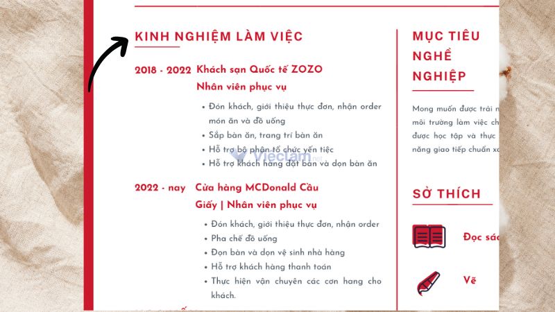 "Kinh nghiệm làm việc" trong CV xin việc buồng phòng khách sạn có thể đánh giá năng lực của bạn