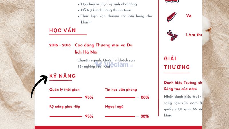 Mục "Kỹ năng" cũng thể hiện năng lực và sự phù hợp của bạn đối với công việc