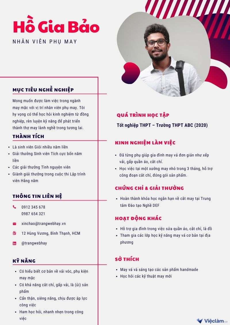 Mẫu CV dành cho thợ may chưa có kinh nghiệm
