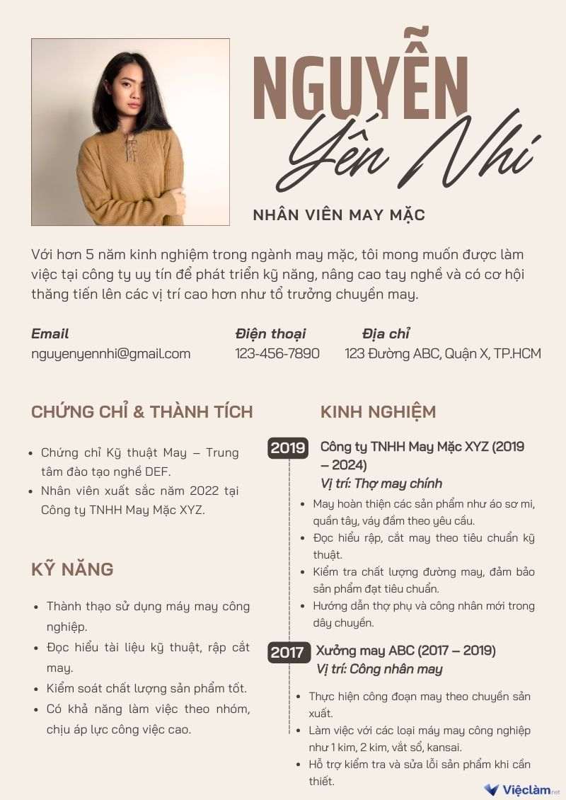 Mẫu CV dành cho thợ may có kinh nghiệm